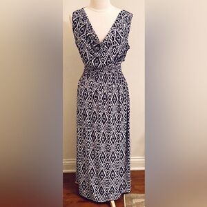 Victoria Leland Black White Geometric Cowl Neck Sleeveless Smocked Maxi Dress XL